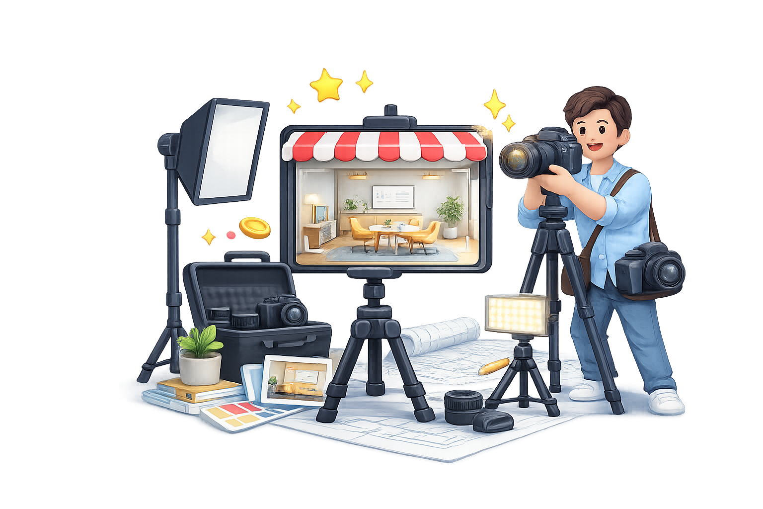 3D illustration of a professional interior photography shoot setup with a photographer using a DSLR camera on a tripod, studio lights, camera equipment, and a smartphone screen displaying a furnished room, representing real estate and interior videography services in Chennai.