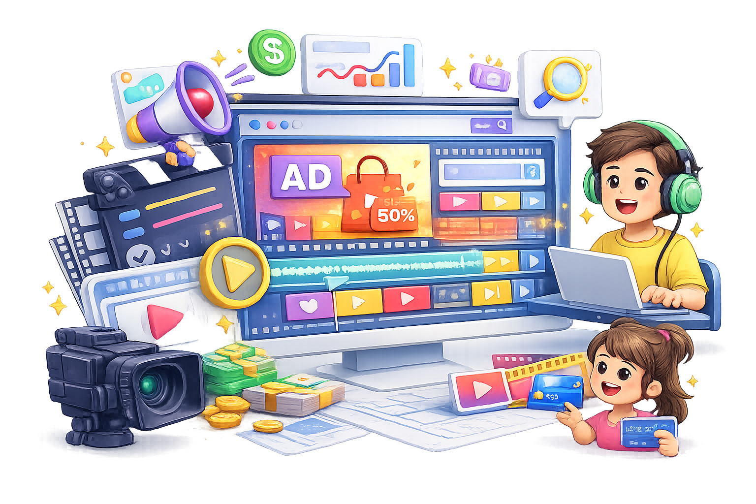 Cartoon illustration of digital advertising and video marketing workspace with creators, camera, megaphone, and online sales graphics
