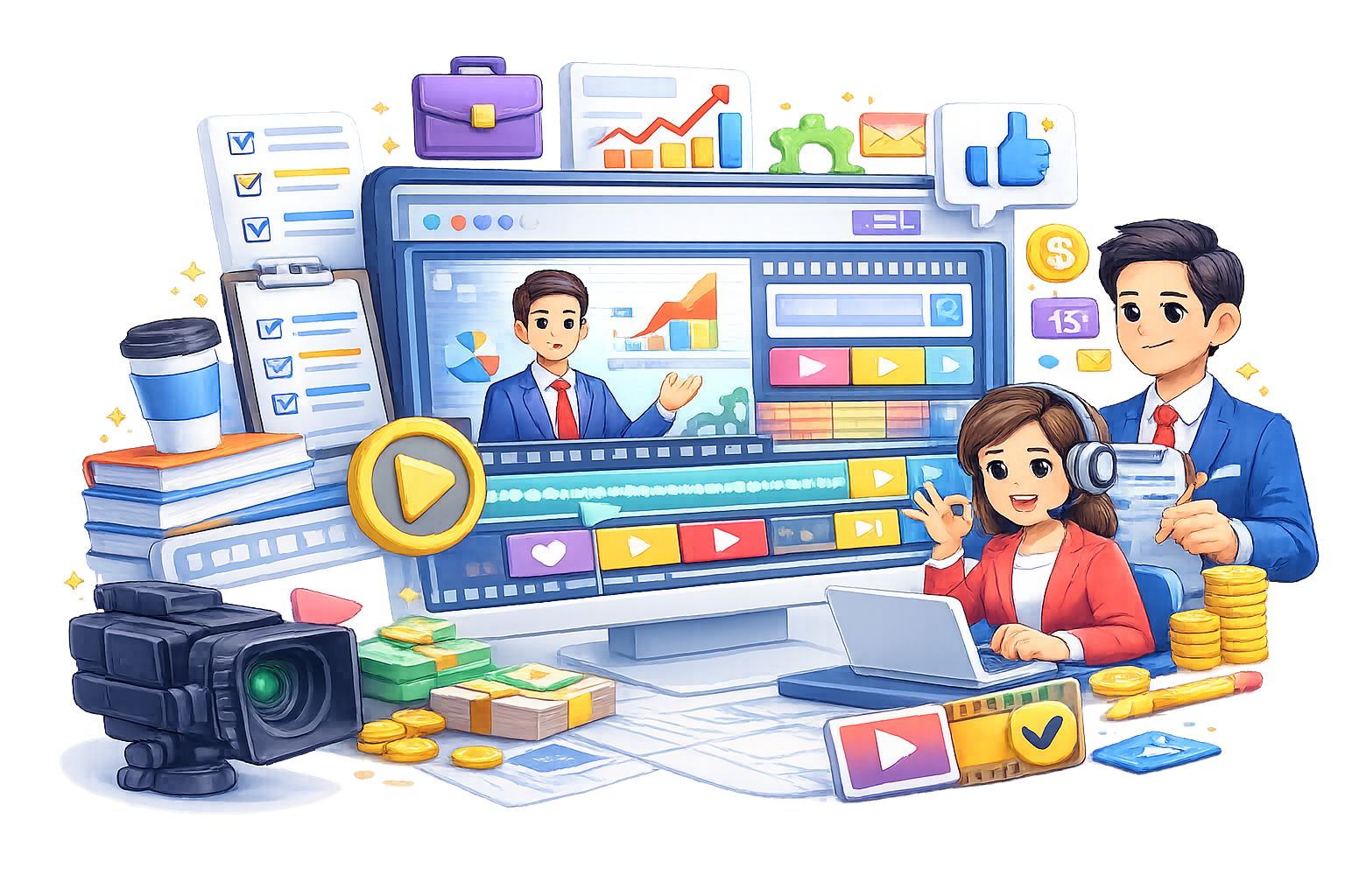 Cartoon illustration of digital advertising and video marketing workspace with creators, camera, megaphone, and online sales graphics