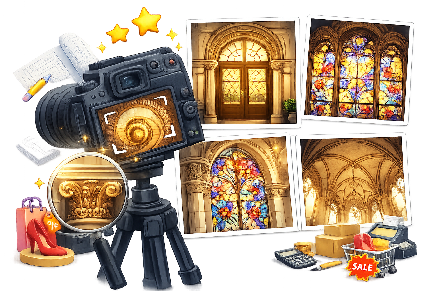 Illustration of an architectural photography concept featuring a DSLR camera on a tripod capturing ornate doors, stained glass windows, and vaulted ceilings, with detailed close-ups and photo prints, representing professional heritage and architectural photography services.
