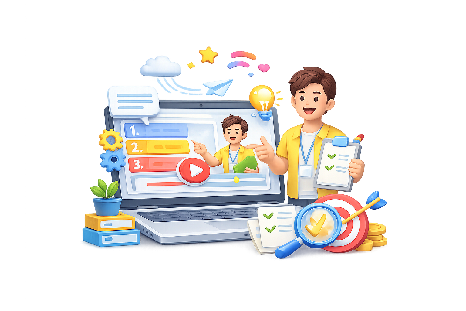 3D illustration of an explainer video production concept showing a presenter on a laptop screen with checklist, play button, target board, magnifying glass, and idea icons, representing professional explainer and demo videography services in Chennai.