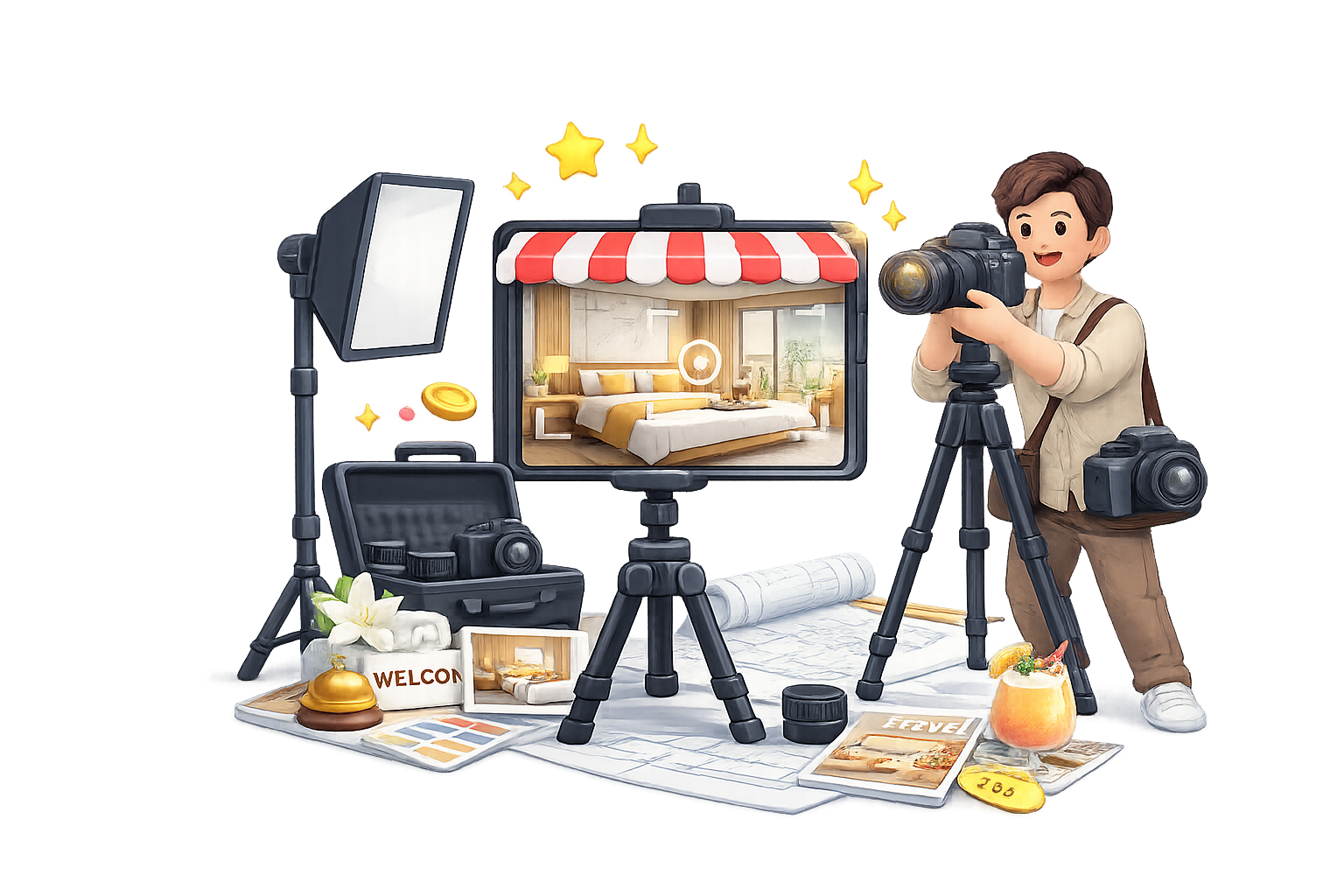 3D illustration of a hotel or bedroom interior photography shoot with a photographer using a DSLR on a tripod, studio lighting, camera gear, and a smartphone screen displaying a neatly staged bedroom, representing hospitality and interior videography services in Chennai.