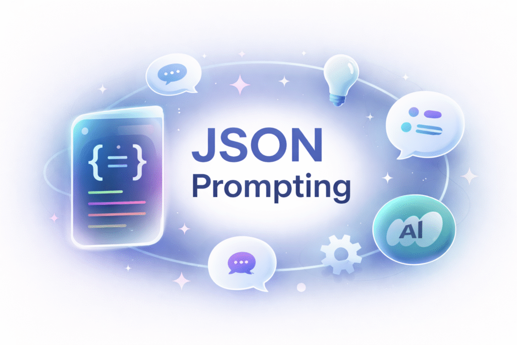 JSON Prompting illustration showing structured JSON code connected to AI concepts