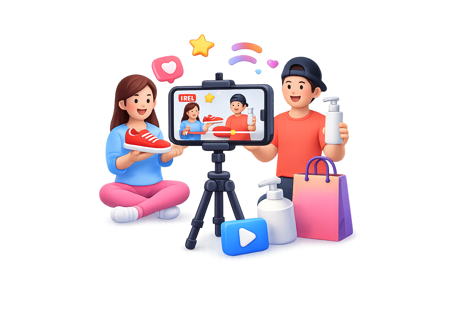 3D illustration of two content creators filming a lifestyle product video on a smartphone mounted on a tripod, showcasing a sneaker and skincare bottle with shopping bags and social media icons, representing lifestyle product video production services in Chennai