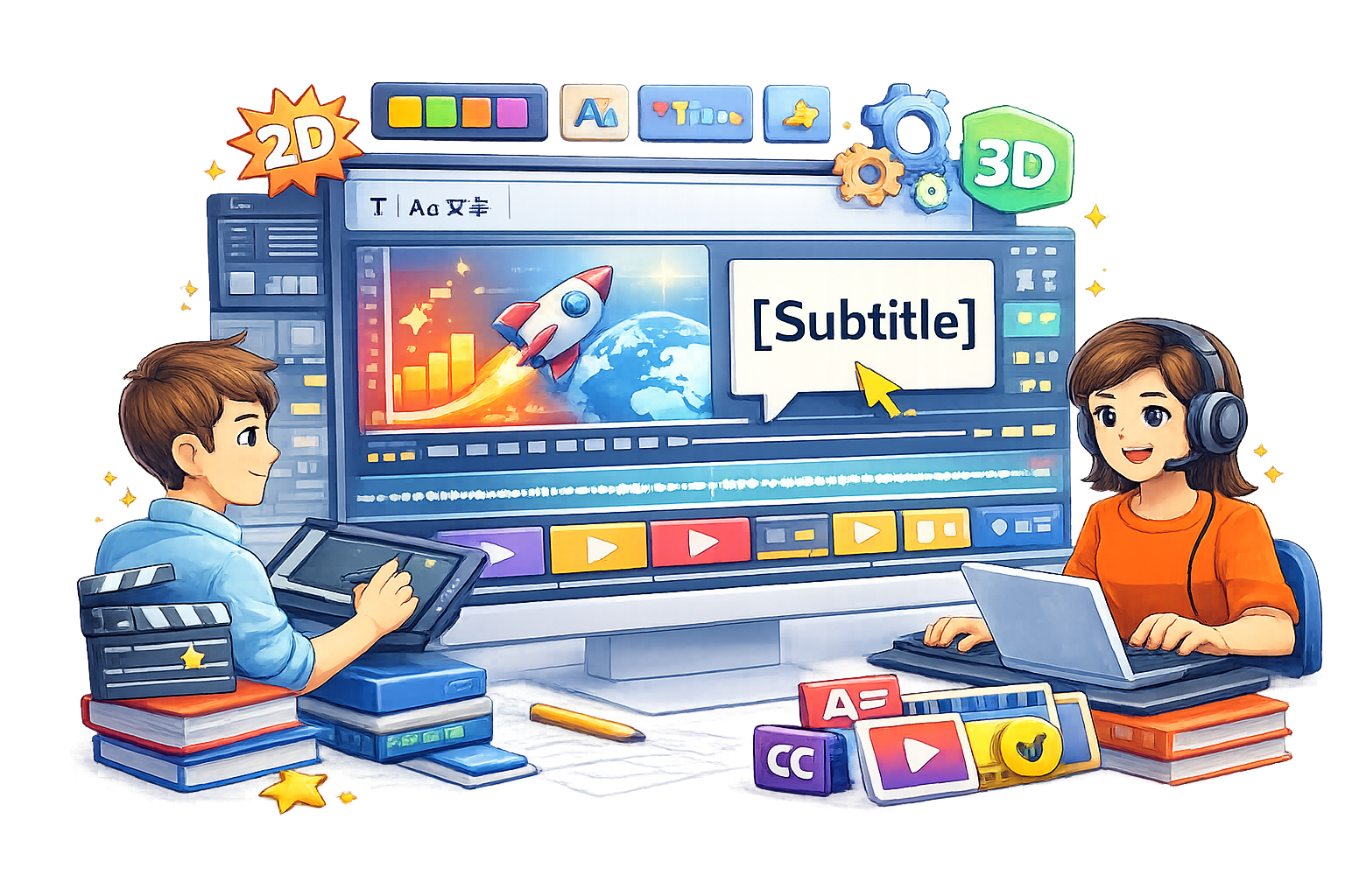 Cartoon illustration of professional video editing workspace with editors adding subtitles, motion graphics, and timeline effects