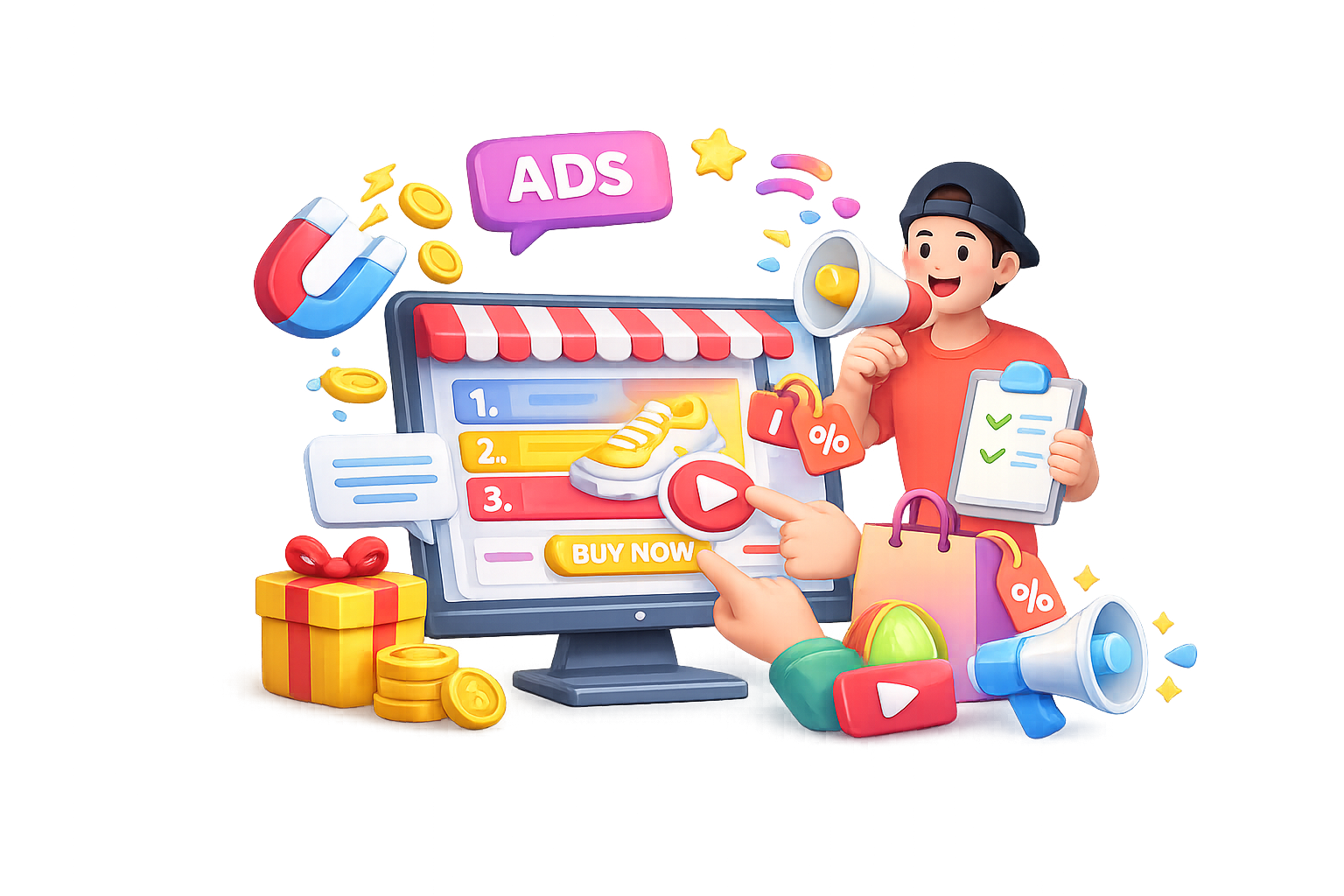 Colorful 3D illustration of an online advertising campaign with a shopping website on a monitor, buy now button, discount tags, coins, gift box, megaphone, and presenter holding a checklist, representing digital ad video production services in Chennai.