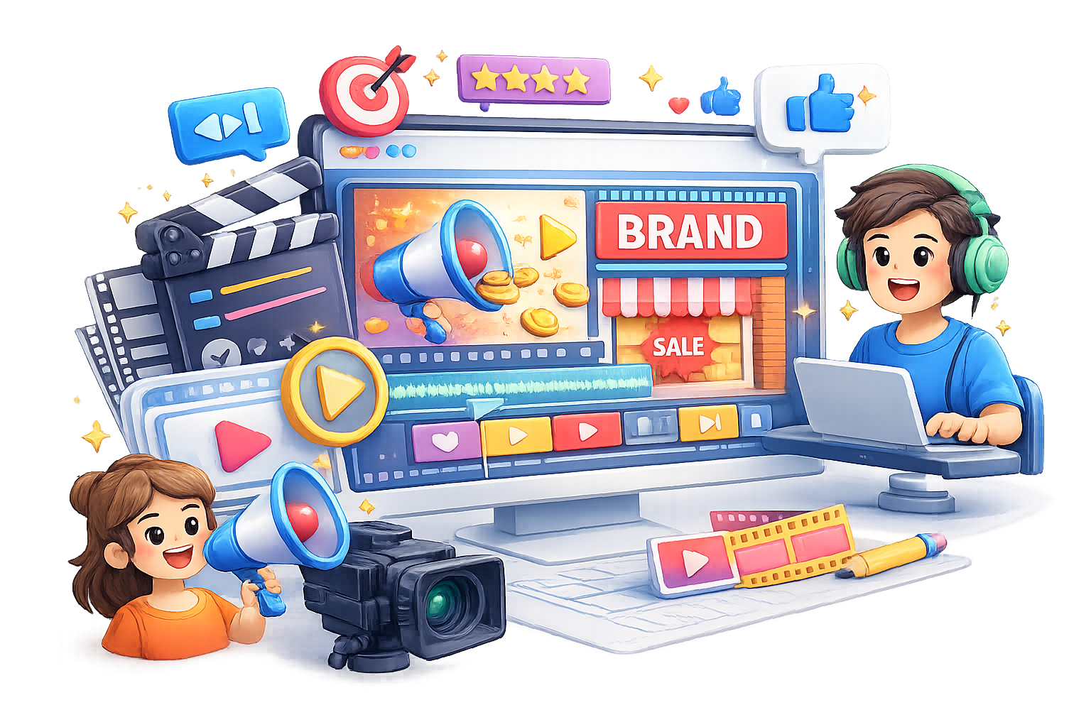 Cartoon illustration of a digital marketing and video production workspace with creators, camera, megaphone, and brand promotion screen