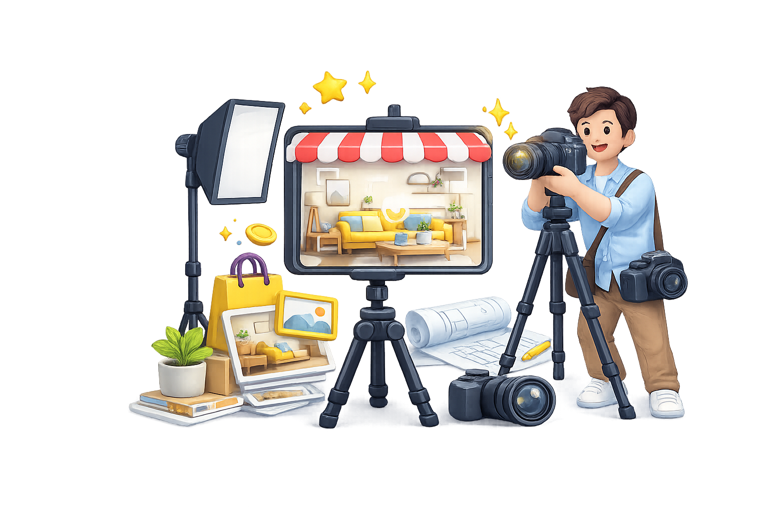 3D illustration of an interior photography and videography setup with a photographer using a DSLR on a tripod, studio light, camera gear, and a smartphone screen displaying a staged living room, representing professional real estate and interior shoot services in Chennai.