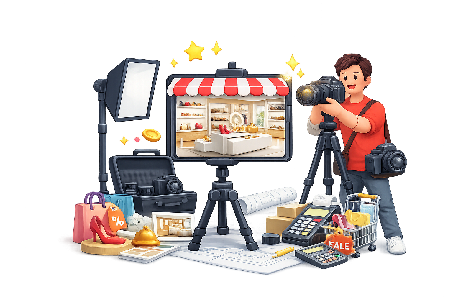 3D illustration of a retail product photography setup with a photographer using a DSLR on a tripod, studio softbox light, camera gear, and a smartphone screen displaying a shoe store interior, representing professional retail and e-commerce product shoot services in Chennai.