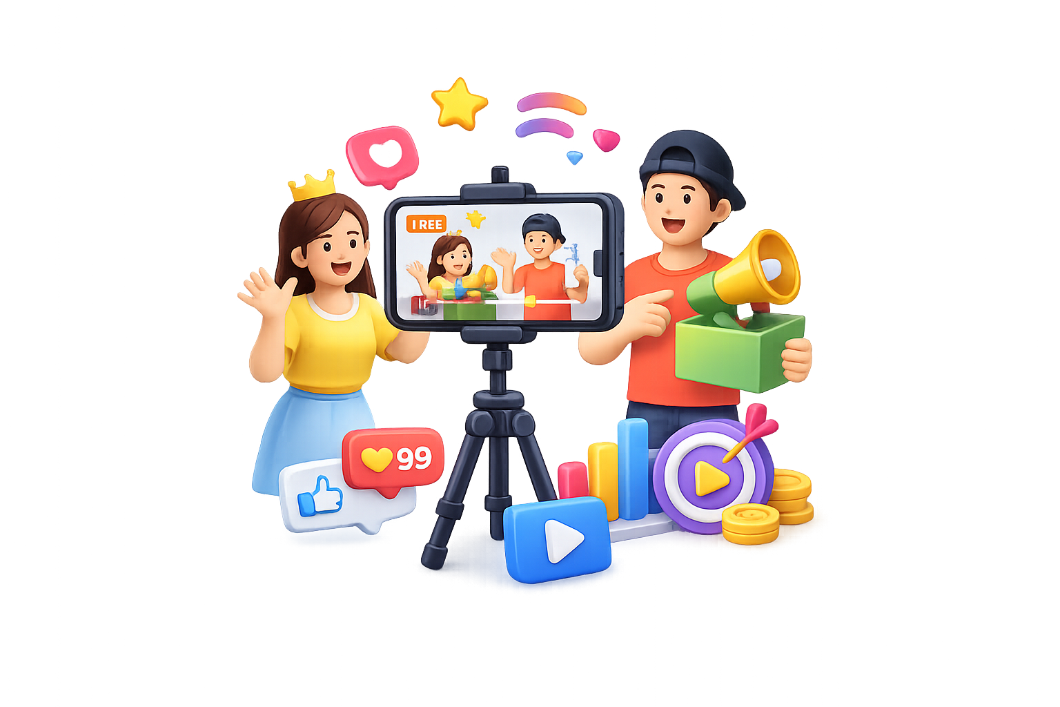 3D illustration of two social media creators recording a product video on a smartphone mounted on a tripod, surrounded by engagement icons, charts, coins, and a megaphone, representing social media product video shoot services in Chennai.