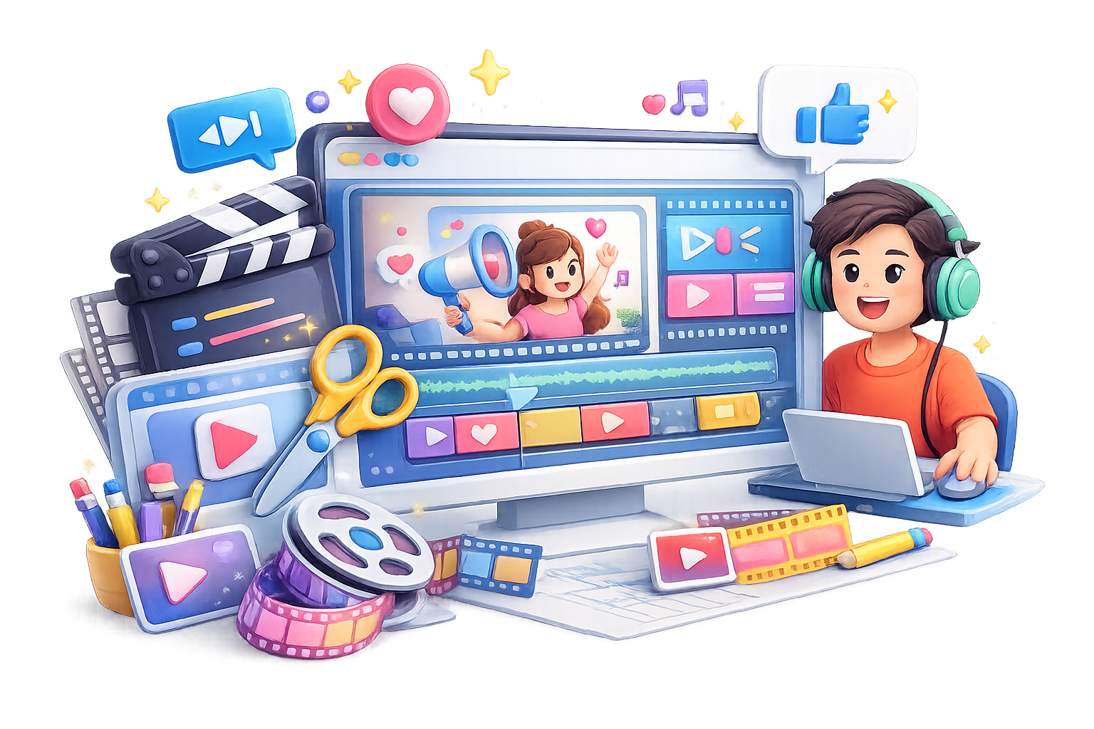 Cartoon style digital video editing workspace with creator using laptop, media player screen, film tools, and social media icons