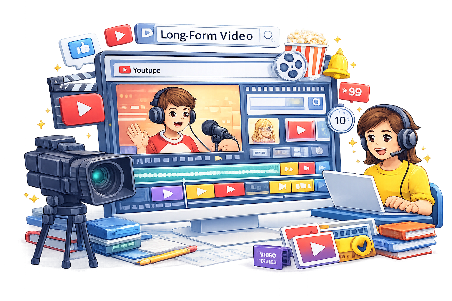 Cartoon illustration of a long-form YouTube video production setup with camera, host recording, and video editing on computer
