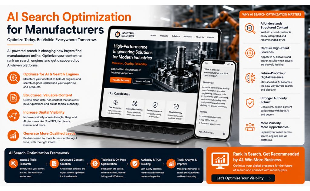 AI Search Optimization for Manufacturers Manufacturing company optimizing website content for AI-powered search, search engines, and digital visibility using structured content and SEO best practices.