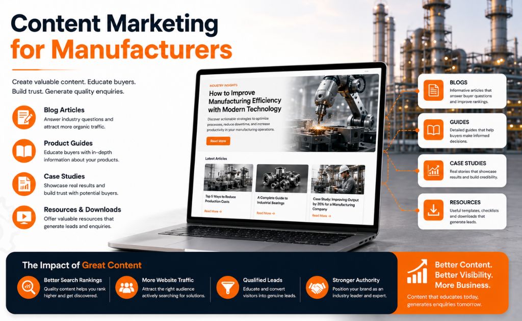 Content Marketing for Manufacturers Manufacturing content marketing strategy using blogs, product guides, case studies, and educational resources to attract qualified industrial buyers.