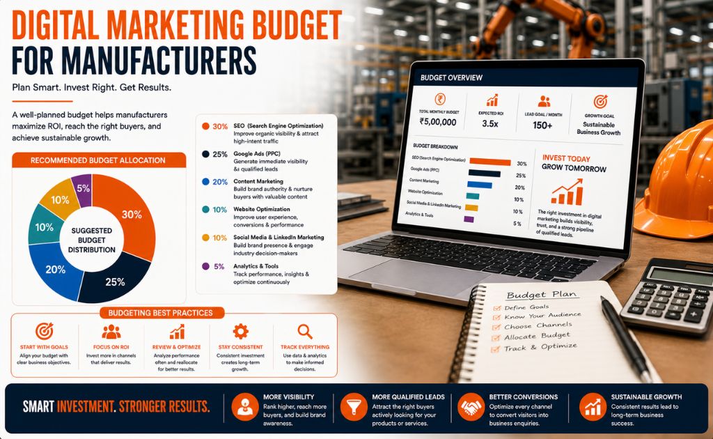 Digital Marketing Budget for Manufacturers Manufacturing company planning a digital marketing budget across SEO, Google Ads, content marketing, website optimization, and analytics.