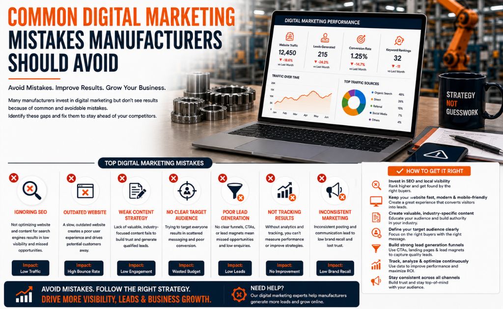 Common Digital Marketing Mistakes Manufacturers Should Avoid Manufacturing company identifying common digital marketing mistakes such as poor SEO, outdated websites, weak content strategy, and low lead generation.