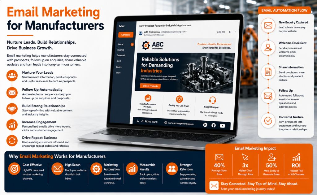 Email Marketing for Manufacturers Manufacturing company using email marketing automation to nurture leads, follow up on enquiries, and strengthen customer relationships.