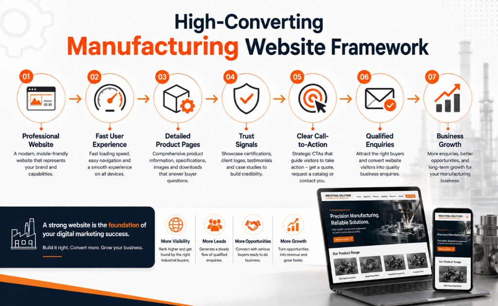 High-Converting Manufacturing Website Framework Framework showing how website optimization, user experience, trust signals, and SEO help manufacturing companies generate qualified leads.