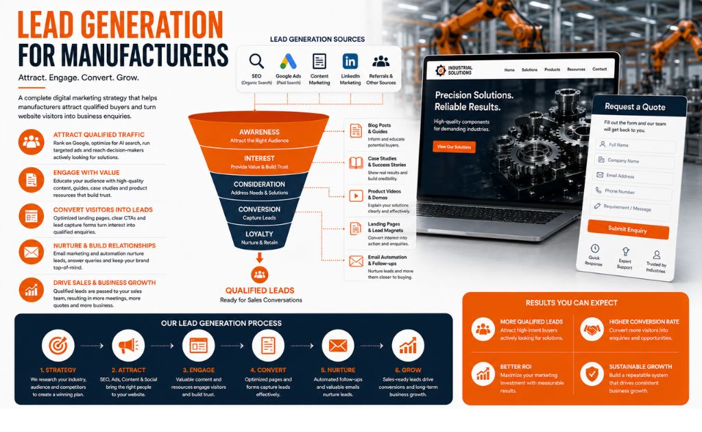 Lead Generation for Manufacturers Manufacturing company generating qualified leads through SEO, landing pages, content marketing, and conversion optimization.
