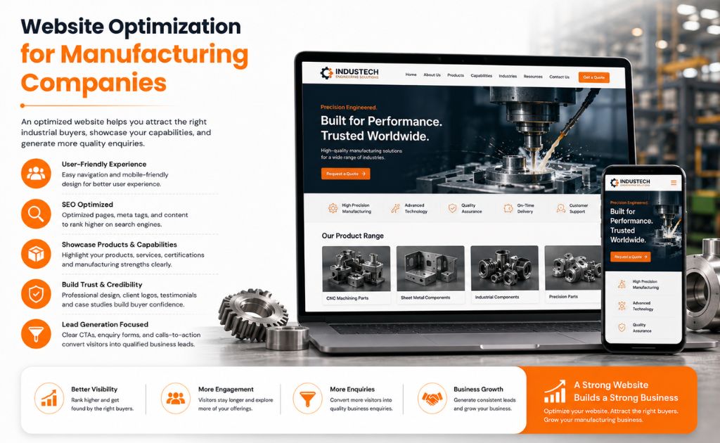 Website Optimization for Manufacturing Companies Modern manufacturing company website optimized for user experience, SEO, product information, and lead generation.