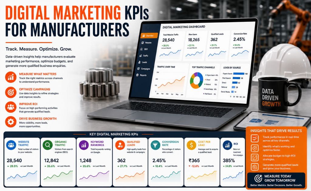 Digital Marketing KPIs for Manufacturers Manufacturing company tracking SEO performance, website traffic, keyword rankings, conversions, and qualified lead generation through digital marketing analytics.