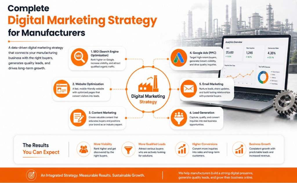 Complete Digital Marketing Strategy for Manufacturers Manufacturing digital marketing strategy combining SEO, website optimization, content marketing, Google Ads, email marketing, and lead generation.