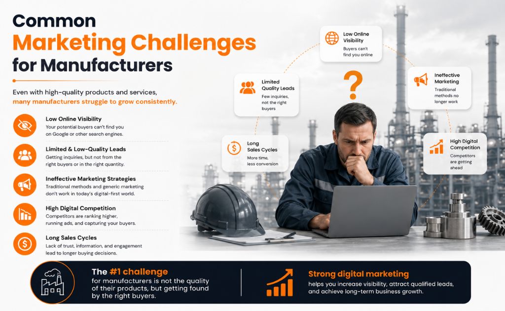 Common Marketing Challenges for Manufacturers Manufacturing company facing marketing challenges such as low online visibility, limited lead generation, and increasing digital competition.