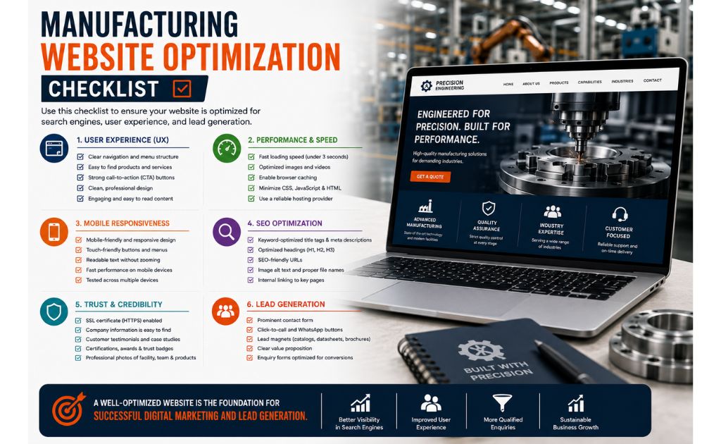 Manufacturing Website Optimization Checklist Website optimization checklist for manufacturers covering user experience, page speed, mobile responsiveness, trust signals, and lead generation.