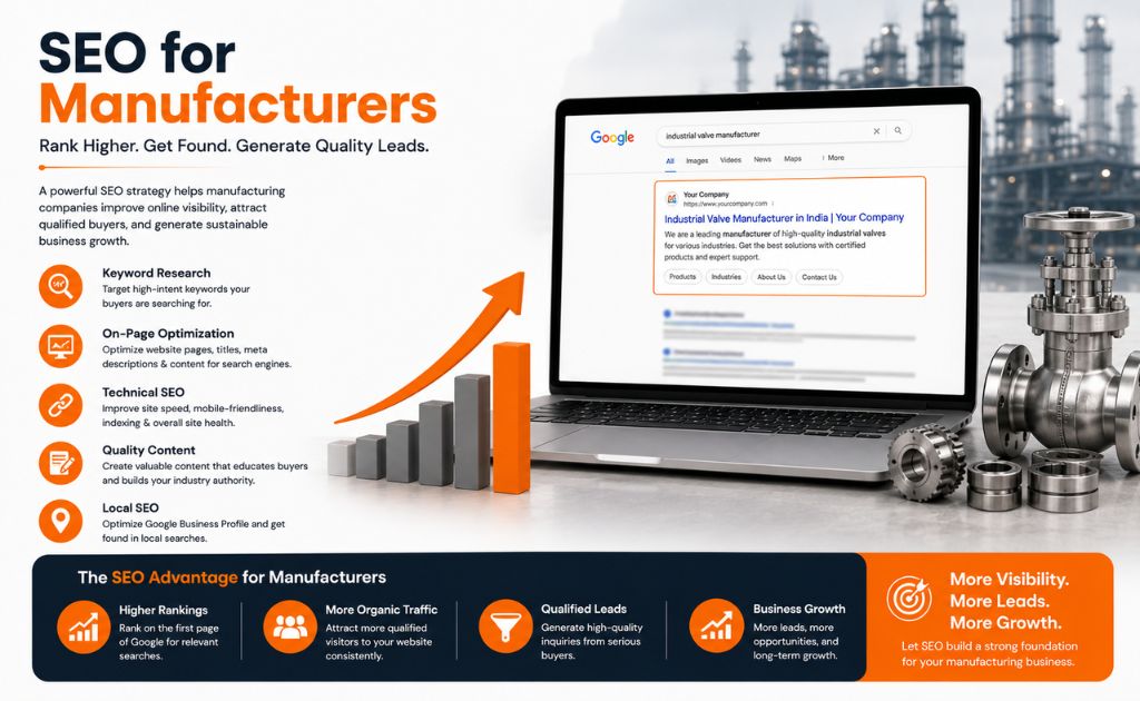 SEO for Manufacturers SEO strategy for manufacturers improving Google rankings, organic traffic, and qualified lead generation through website optimization.