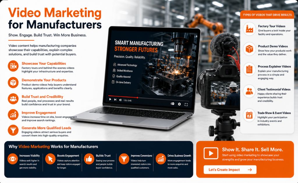 Video Marketing for Manufacturers Manufacturing company creating factory tour and product demonstration videos to showcase production capabilities and build buyer trust.