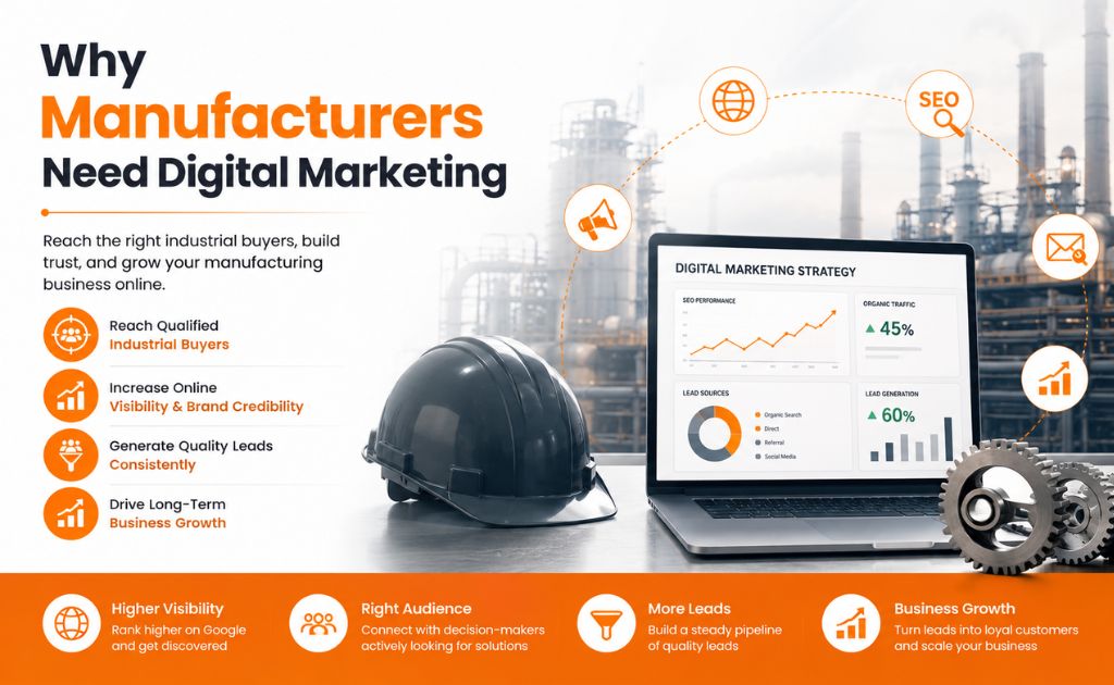 Why Manufacturers Need Digital Marketing Digital marketing helps manufacturers increase visibility, attract qualified buyers, and generate long-term business growth.