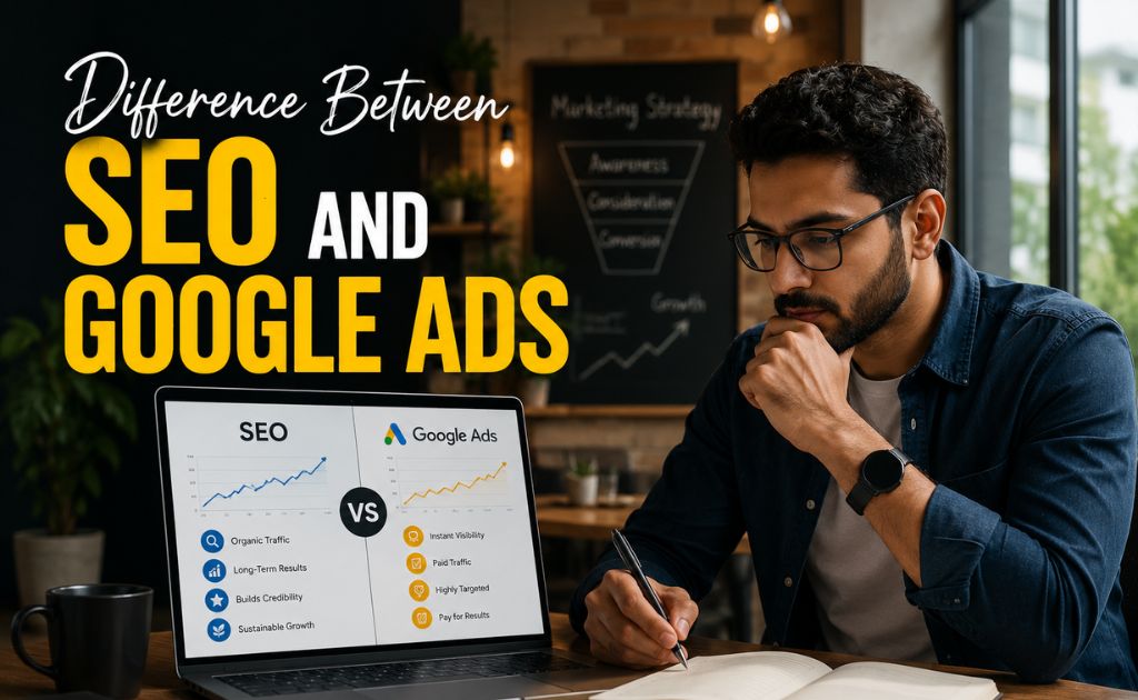 Difference between SEO and Google Ads visual comparison showing organic search marketing and paid advertising strategies in a professional workspace.
