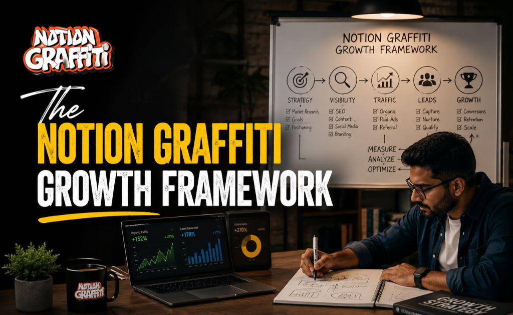 The Notion Graffiti Growth Framework of seo vs google ads illustrating strategy, visibility, traffic, leads, and sustainable business growth.