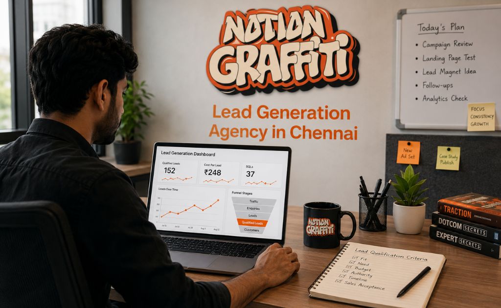 Marketing strategist at a lead generation agency in Chennai reviewing qualified lead and cost-per-lead data on a campaign dashboard