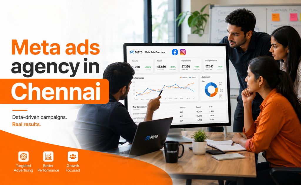 Meta ads agency in Chennai team reviewing Facebook and Instagram campaign results on a dashboard 0- notion graffiti