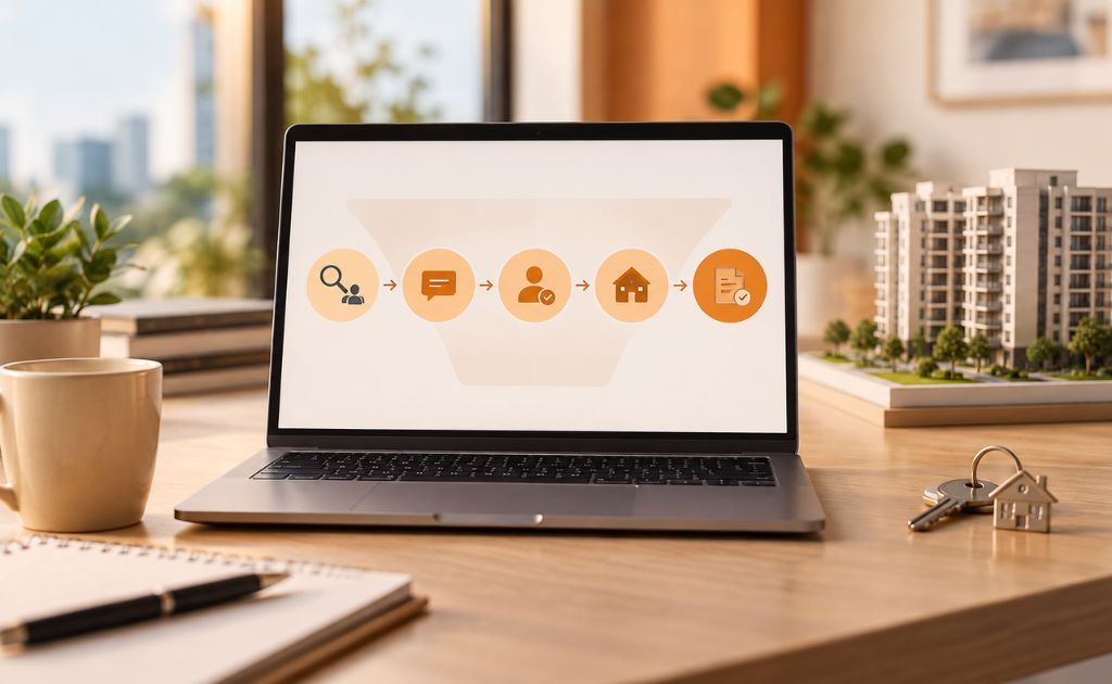 Laptop screen showing a property marketing funnel from search and social to enquiry, qualified lead, site visit and booking show how Digital Marketing for Real Estate works