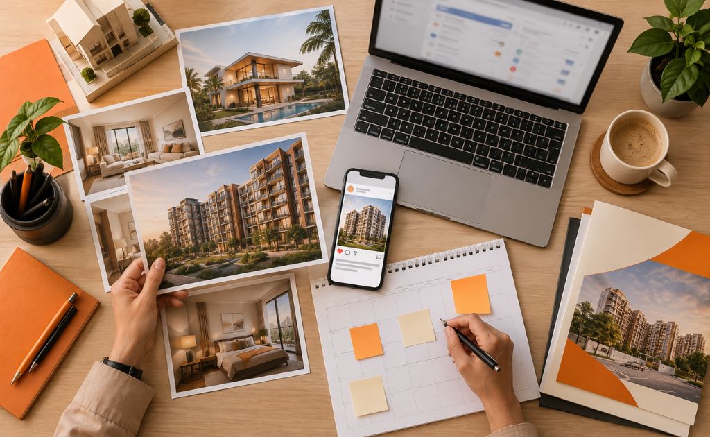 Planning desk for a property launch with property photographs, social media creative mockups, a smartphone, a laptop and a marketing calendar