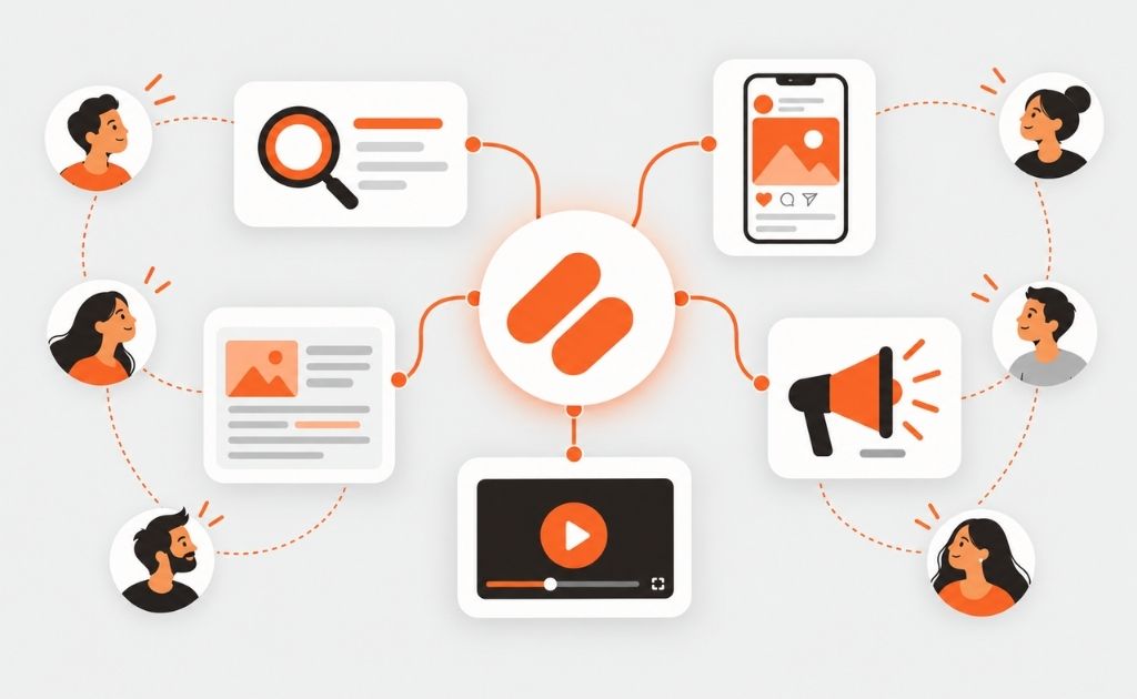 Brand awareness strategy connecting SEO, social media, paid ads, video and content marketing