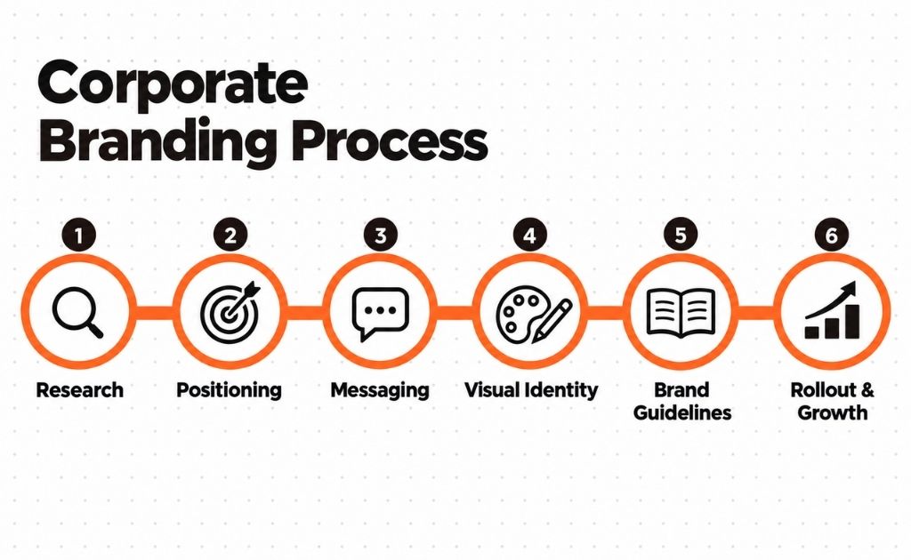 Corporate branding process steps – research, positioning, messaging, visual identity, brand guidelines and rollout